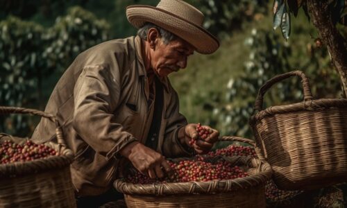 Illustration d'un producteur de café en train de récolter les cerises de café